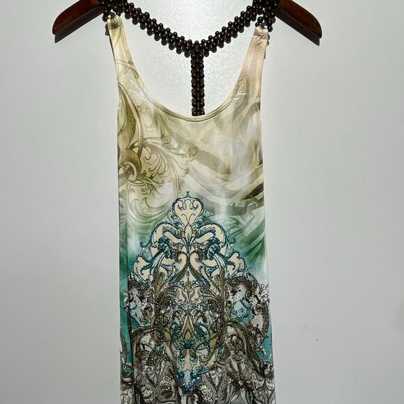 Boho Chic Women's Multicolor Scoop Neck T-Strap Sleeveless Mini Dress Medium - Picture 1 of 10